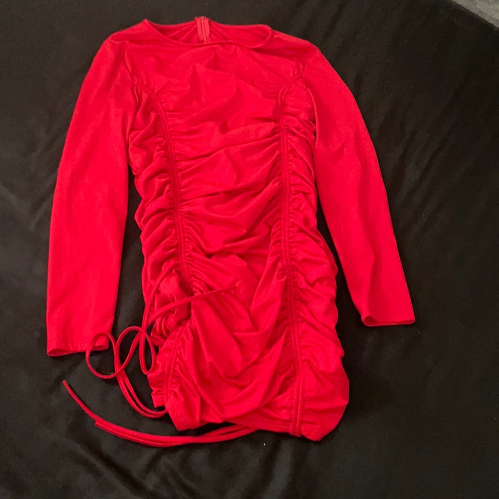 Long Sleeve Ruched Drawstring Bodycon Mini Club Dress